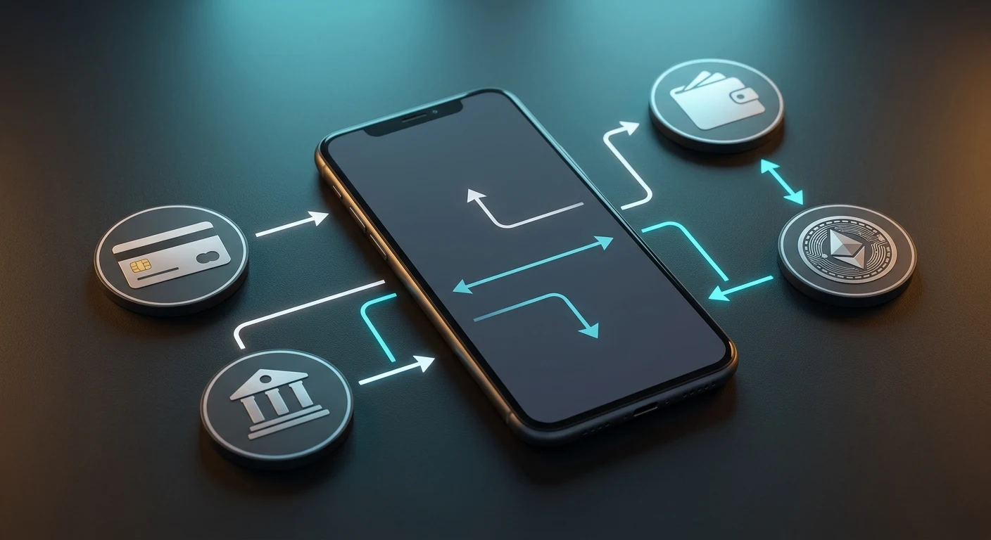 A phone beside card, bank, wallet and cryptocurrency payment symbols
