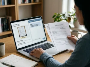 Person reviewing identity documents beside a customer support chat window on a laptop