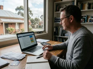 Australian consumer reviewing online gambling rules on a laptop beside a notebook