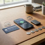 Phone beside a bank card, bank transfer symbol and cryptocurrency icons