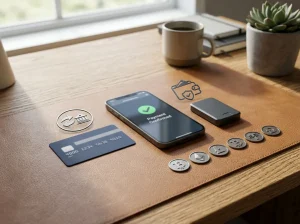 Phone beside a bank card, bank transfer symbol and cryptocurrency icons