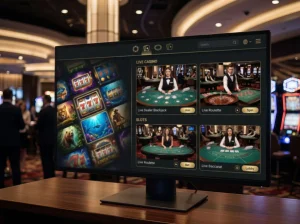 Casino lobby scene with slot reels and live dealer tables on digital screens