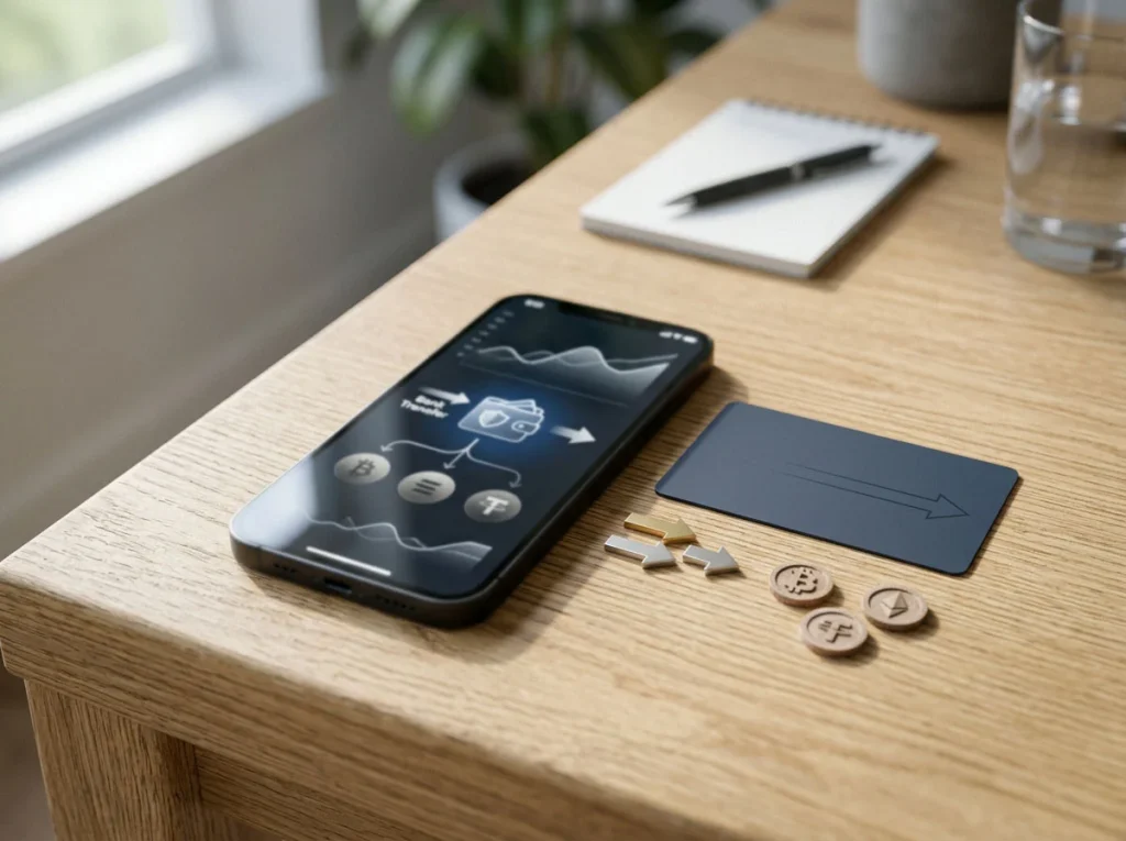 Phone beside a bank card, transfer symbol, digital wallet and cryptocurrency icons