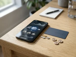 Phone beside a bank card, transfer symbol, digital wallet and cryptocurrency icons